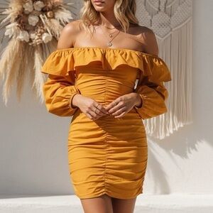 TULAROSA Zuri Off-The-Shoulder Ruched Mini Dress Marigold Yellow XXS